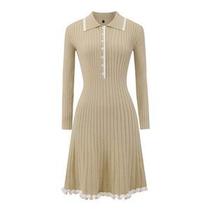 Women's Midi Sweater Dress Knitted Ribbed A-Line Long Sleeve Dress Dark Beige